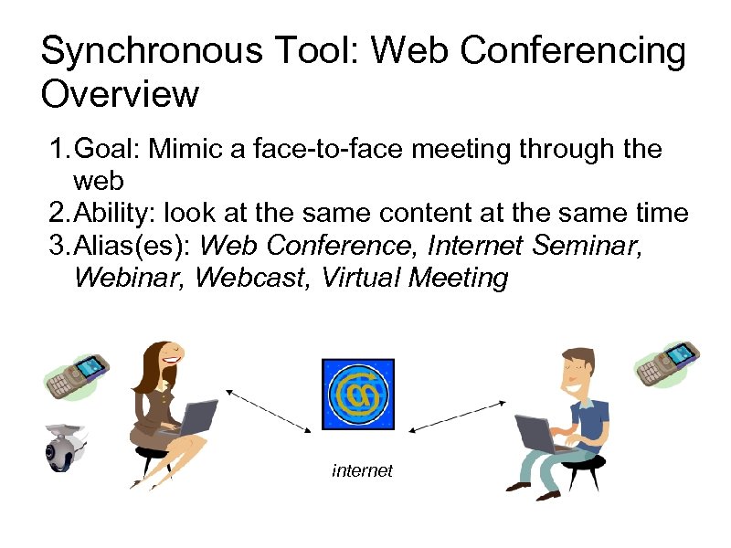 Synchronous Tool: Web Conferencing Overview 1. Goal: Mimic a face-to-face meeting through the web