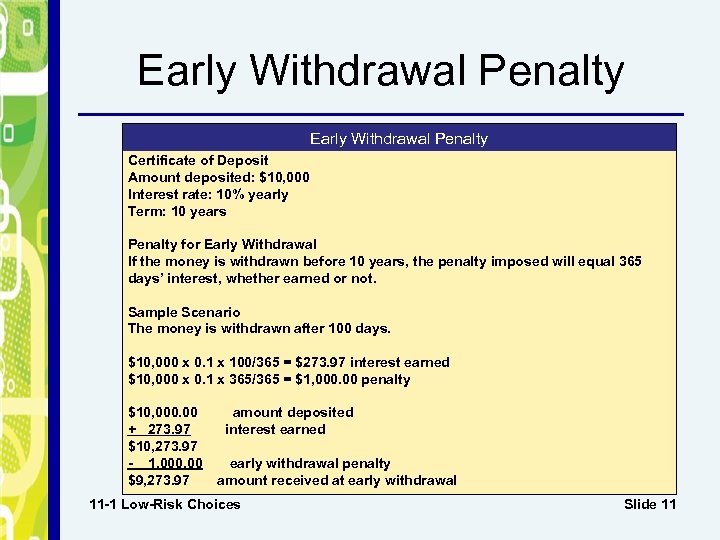 Early Withdrawal Penalty Certificate of Deposit Amount deposited: $10, 000 Interest rate: 10% yearly