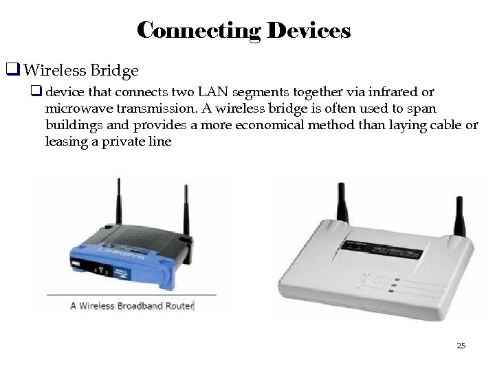 Connecting Devices q Wireless Bridge q device that connects two LAN segments together via