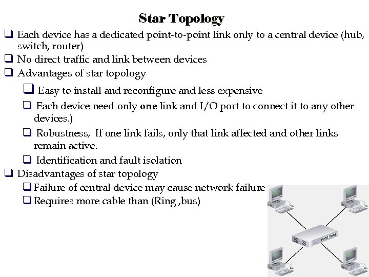 Star Topology q Each device has a dedicated point-to-point link only to a central