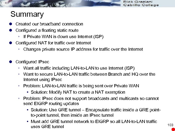 Summary l Created our broadband connection l Configured a floating static route If Private