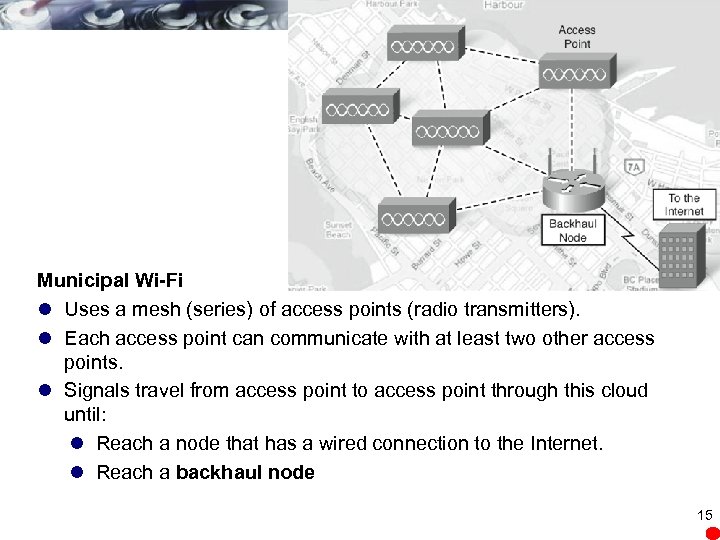 Municipal Wi-Fi l Uses a mesh (series) of access points (radio transmitters). l Each
