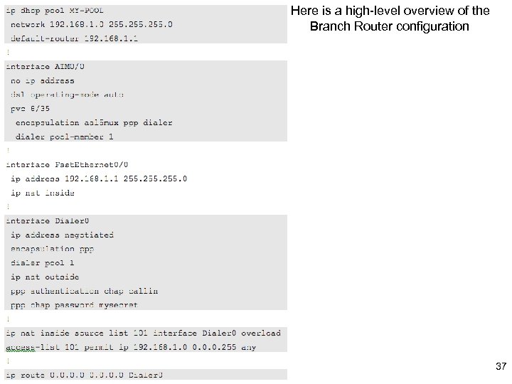 Here is a high-level overview of the Branch Router configuration 37 
