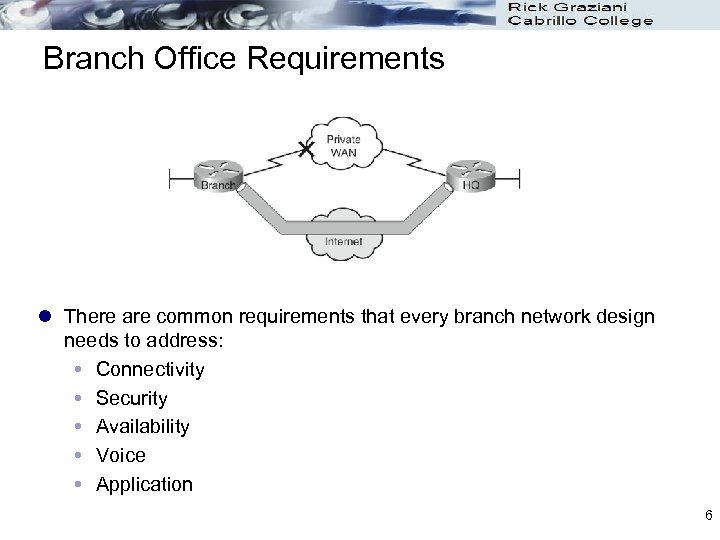 Branch Office Requirements l There are common requirements that every branch network design needs