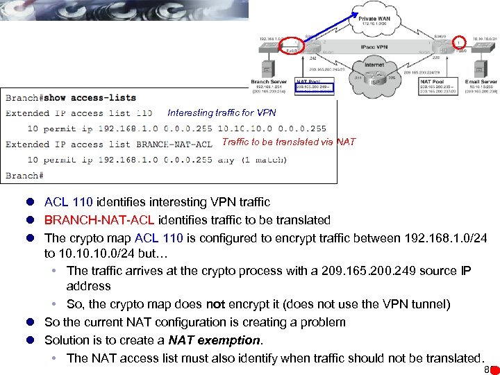 Interesting traffic for VPN Traffic to be translated via NAT l ACL 110 identifies