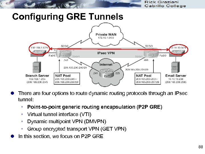 Configuring GRE Tunnels l There are four options to route dynamic routing protocols through