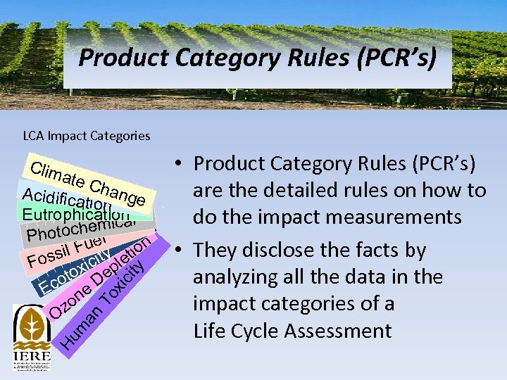 Product Category Rules (PCR’s) LCA Impact Categories Clim Hu m an To xic ity
