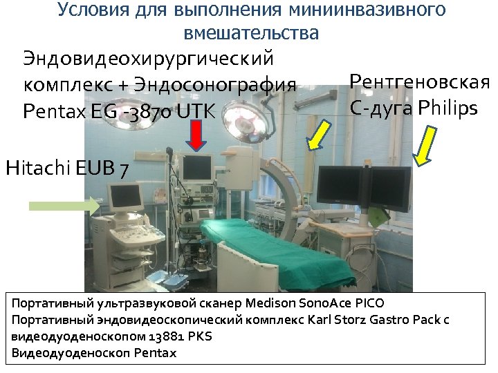 Условия для выполнения миниинвазивного вмешательства Эндовидеохирургический комплекс + Эндосонография Pentax EG -3870 UTK Рентгеновская