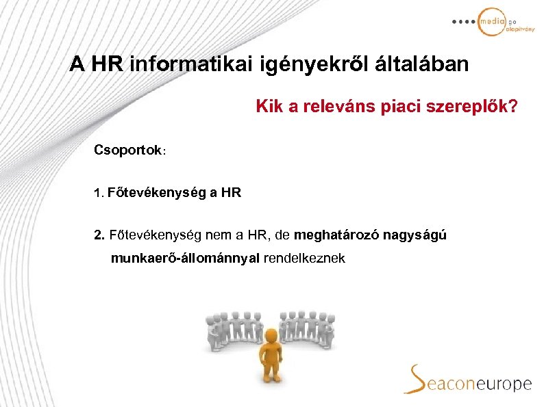 A HR informatikai igényekről általában Kik a releváns piaci szereplők? Csoportok: 1. Főtevékenység a