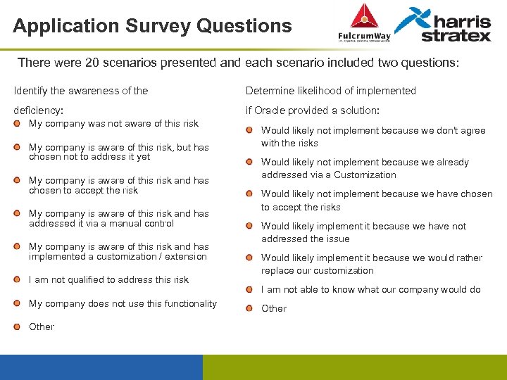 Application Survey Questions There were 20 scenarios presented and each scenario included two questions: