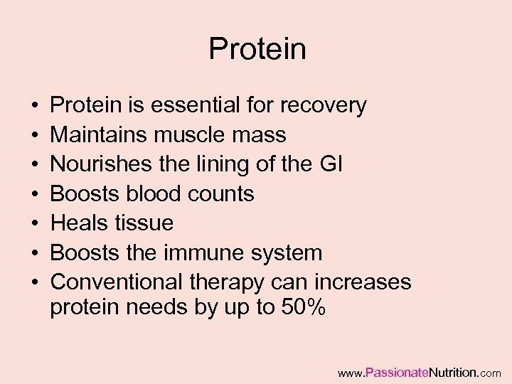 Protein • • Protein is essential for recovery Maintains muscle mass Nourishes the lining