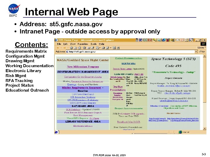 GSFCC Internal Web Page • Address: st 5. gsfc. nasa. gov • Intranet Page