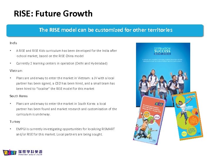 RISE: Future Growth The RISE model can be customized for other territories India •