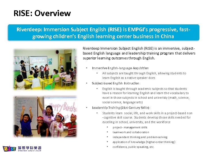RISE: Overview Riverdeep: Immersion Subject English (RISE) is EMPGI’s progressive, fastgrowing children’s English learning
