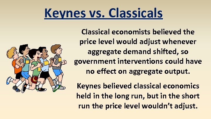 Keynes vs. Classicals Classical economists believed the price level would adjust whenever aggregate demand