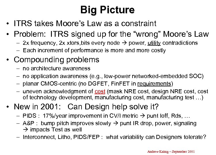 Big Picture • ITRS takes Moore’s Law as a constraint • Problem: ITRS signed