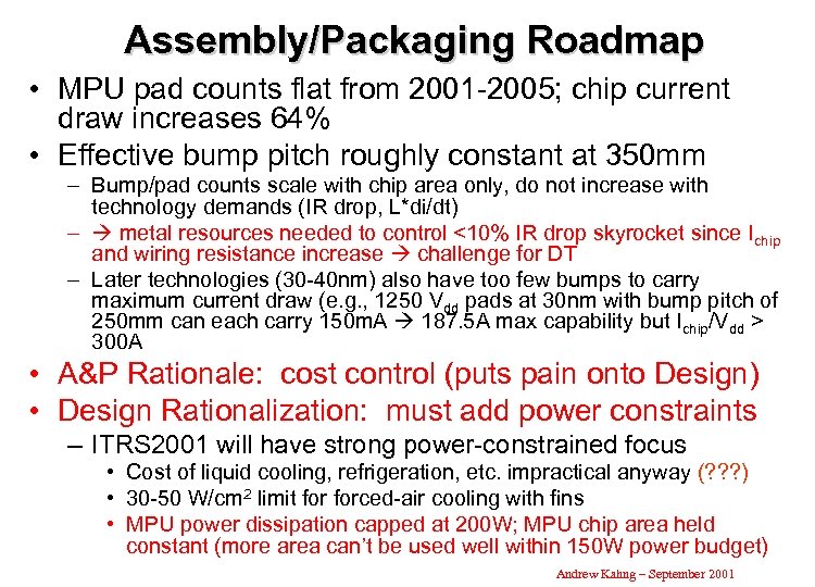 Assembly/Packaging Roadmap • MPU pad counts flat from 2001 -2005; chip current draw increases