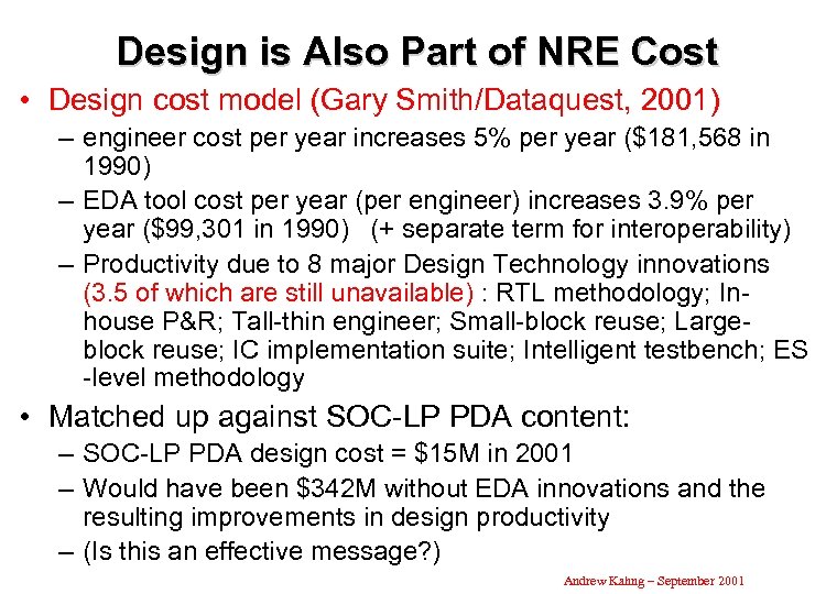 Design is Also Part of NRE Cost • Design cost model (Gary Smith/Dataquest, 2001)