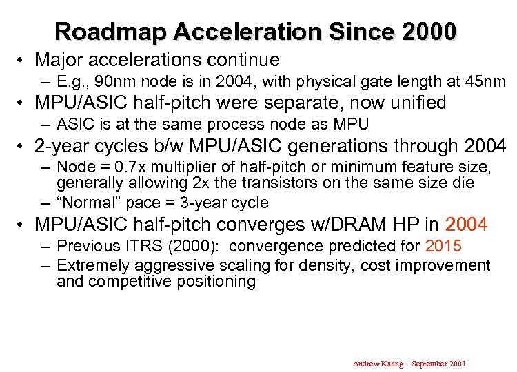 Roadmap Acceleration Since 2000 • Major accelerations continue – E. g. , 90 nm