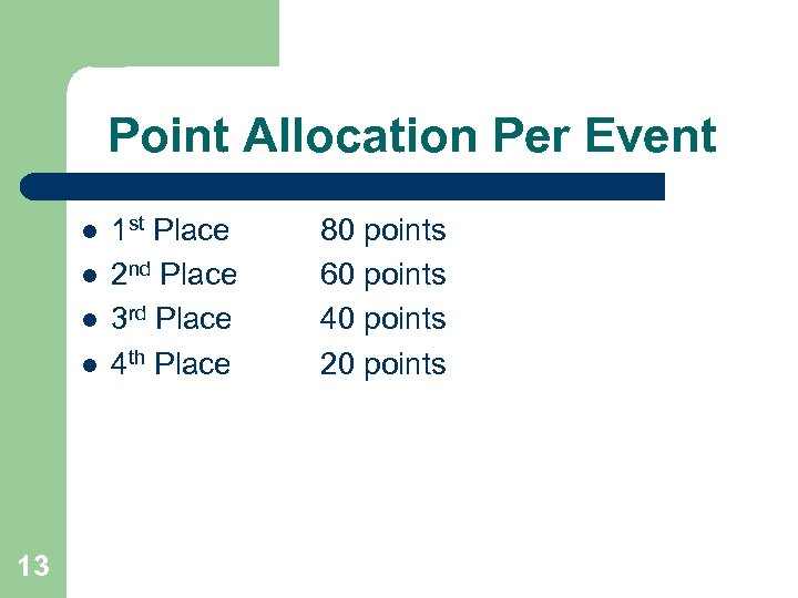 Point Allocation Per Event l l 13 1 st Place 2 nd Place 3