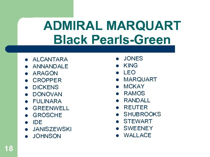 ADMIRAL MARQUART Black Pearls-Green l l l 18 ALCANTARA ANNANDALE ARAGON CROPPER DICKENS DONOVAN