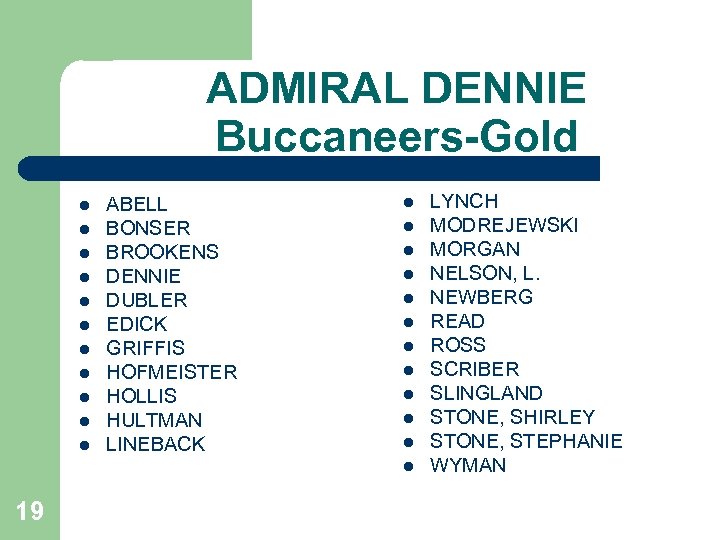 ADMIRAL DENNIE Buccaneers-Gold l l l ABELL BONSER BROOKENS DENNIE DUBLER EDICK GRIFFIS HOFMEISTER