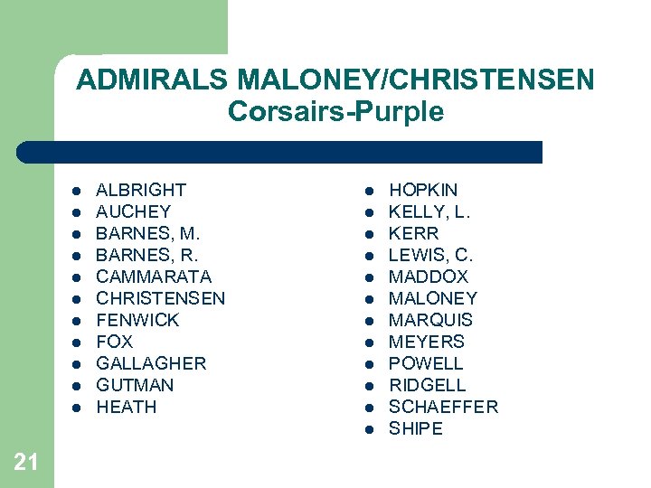 ADMIRALS MALONEY/CHRISTENSEN Corsairs-Purple l l l ALBRIGHT AUCHEY BARNES, M. BARNES, R. CAMMARATA CHRISTENSEN
