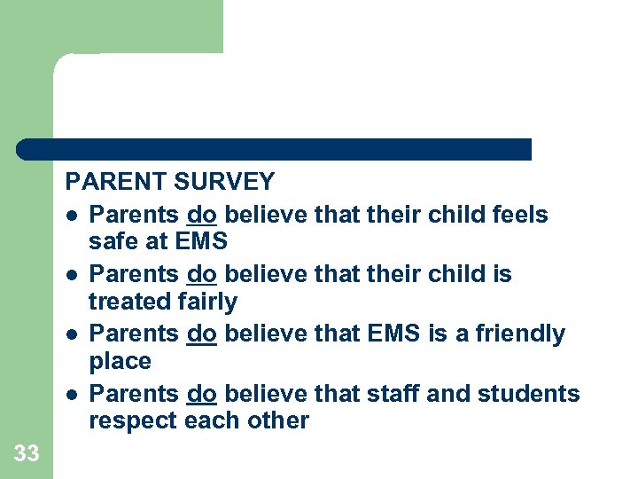 PARENT SURVEY l Parents do believe that their child feels safe at EMS l