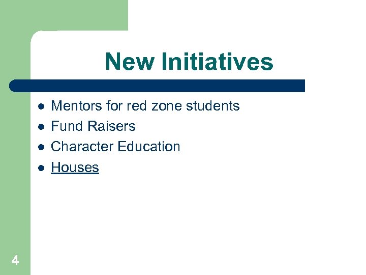 New Initiatives l l 4 Mentors for red zone students Fund Raisers Character Education