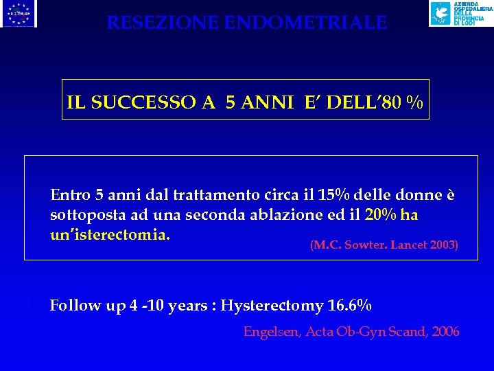 RESEZIONE ENDOMETRIALE IL SUCCESSO A 5 ANNI E’ DELL’ 80 % Entro 5 anni