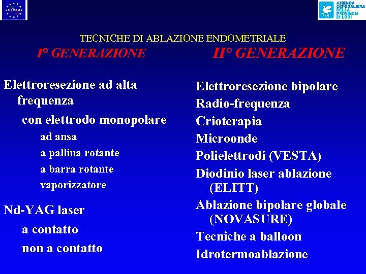 TECNICHE DI ABLAZIONE ENDOMETRIALE I° GENERAZIONE Elettroresezione ad alta frequenza con elettrodo monopolare ad