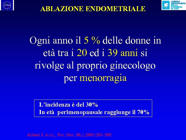 ABLAZIONE ENDOMETRIALE Ogni anno il 5 % delle donne in età tra i 20