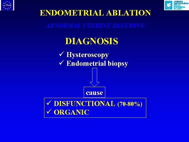 ENDOMETRIAL ABLATION ABNORMAL UTERINE BLEEBING DIAGNOSIS ü Hysteroscopy ü Endometrial biopsy cause ü DISFUNCTIONAL