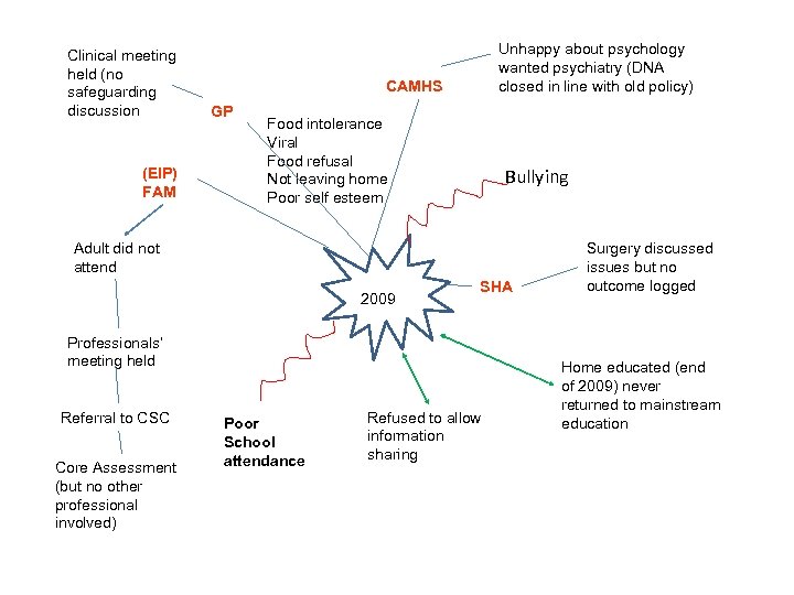 Clinical meeting held (no safeguarding discussion (EIP) FAM Unhappy about psychology wanted psychiatry (DNA