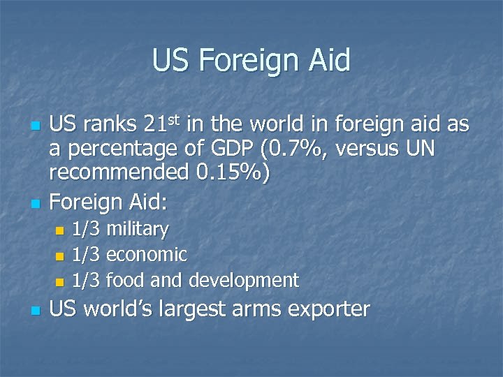 US Foreign Aid n n US ranks 21 st in the world in foreign