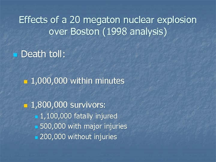 Effects of a 20 megaton nuclear explosion over Boston (1998 analysis) n Death toll: