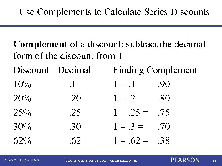 Use Complements to Calculate Series Discounts Complement of a discount: subtract the decimal form