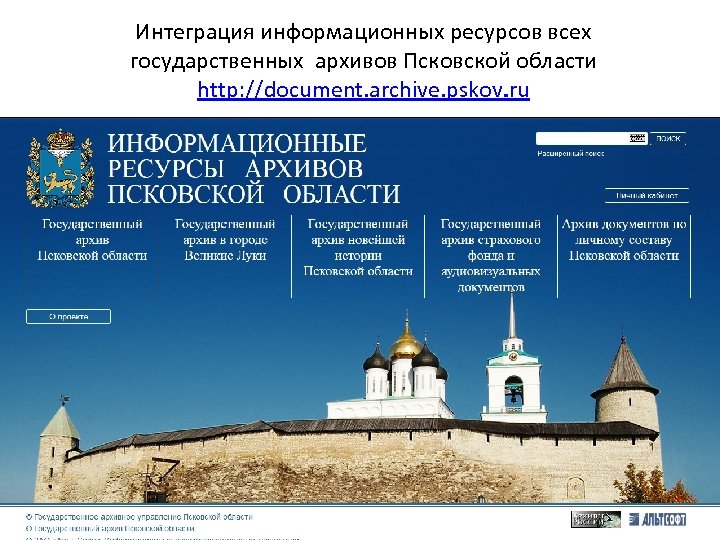 Интеграция информационных ресурсов всех государственных архивов Псковской области http: //document. archive. pskov. ru 