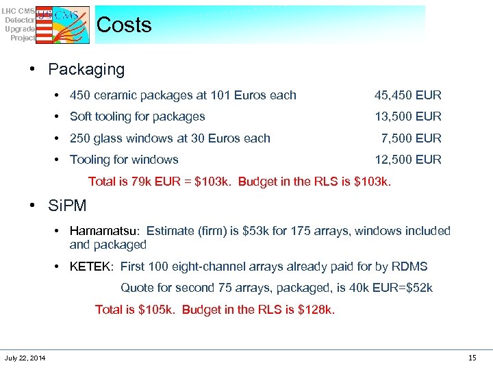 LHC CMS Detector Upgrade Project Costs • Packaging • 450 ceramic packages at 101