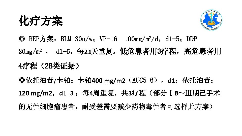 化疗方案 ◎ BEP方案：BLM 30 u/w；VP-16 100 mg/m 2/d，d 1 -5；DDP 20 mg/m 2 ，