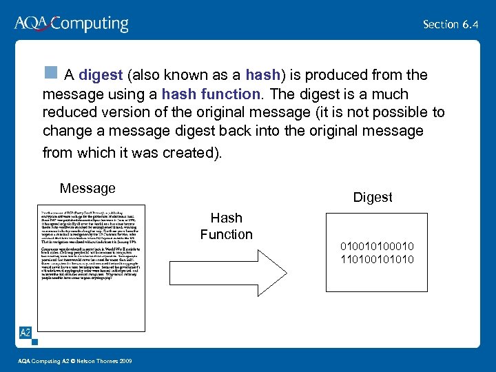 Section 6. 4 n A digest (also known as a hash) is produced from