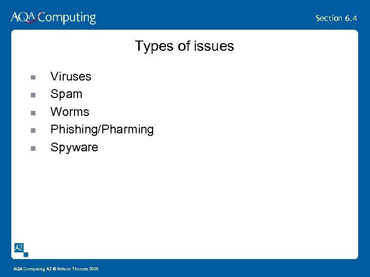 Section 6. 4 Types of issues Viruses Spam Worms Phishing/Pharming Spyware AQA Computing A