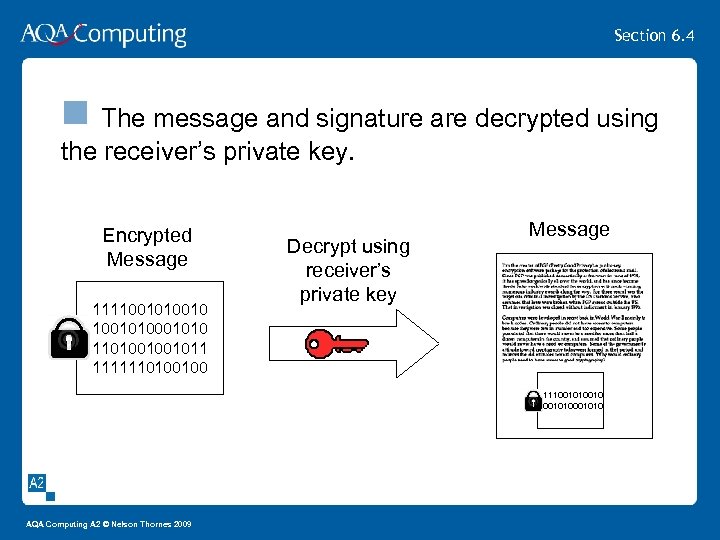 Section 6. 4 n The message and signature are decrypted using the receiver’s private