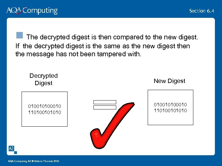 Section 6. 4 n The decrypted digest is then compared to the new digest.