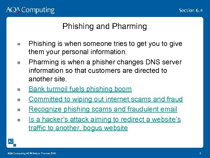 Section 6. 4 Phishing and Pharming Phishing is when someone tries to get you
