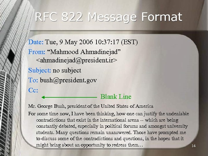 RFC 822 Message Format Date: Tue, 9 May 2006 10: 37: 17 (EST) From: