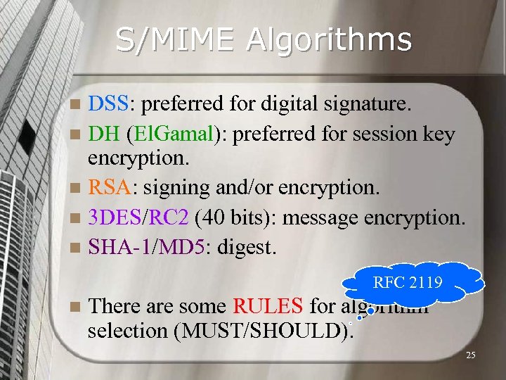 S/MIME Algorithms DSS: preferred for digital signature. n DH (El. Gamal): preferred for session