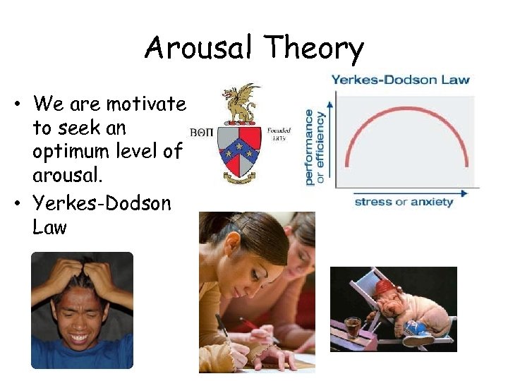 Arousal Theory • We are motivated to seek an optimum level of arousal. •