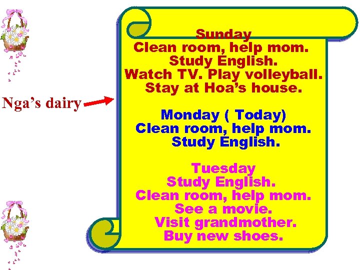 Nga’s dairy Sunday Clean room, help mom. Study English. Watch TV. Play volleyball. Stay