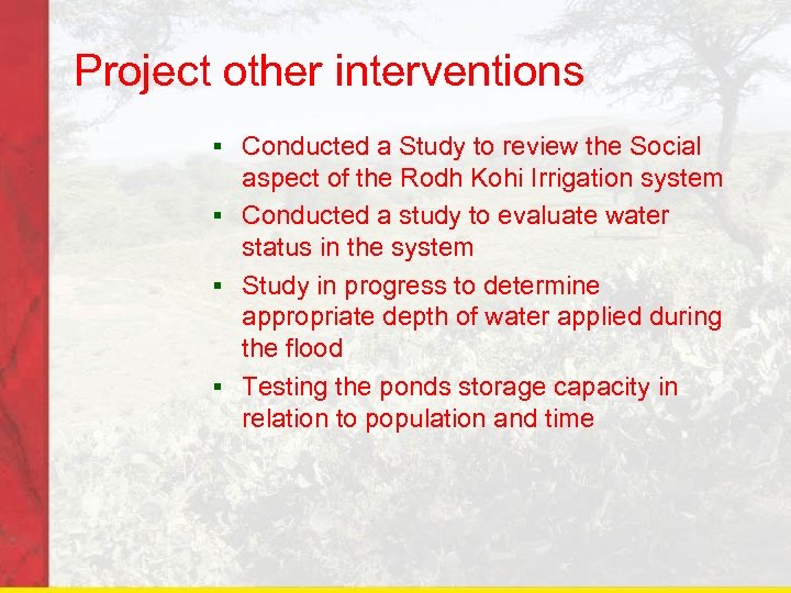 Project other interventions § Conducted a Study to review the Social aspect of the